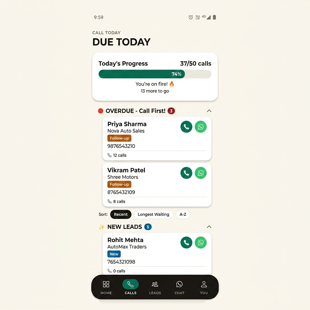 FieldPulse Calls Due screen with tap-to-call list